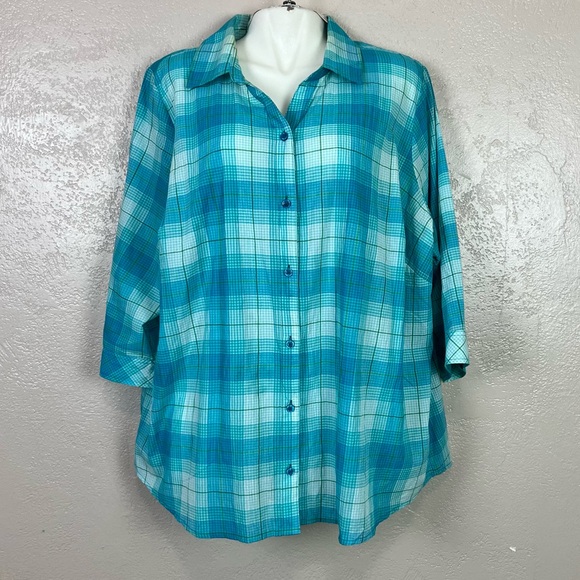 Christopher & Banks Tops - Christopher & Banks Shirt Top Women's XXL Blue Green Plaid 3/4 Sleeves 5 for $30